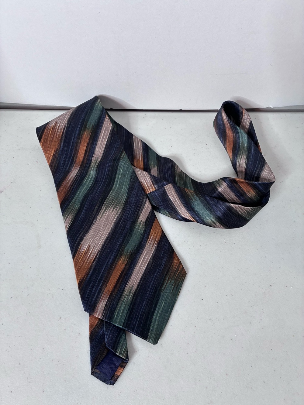 Carlos Tomasini Abstract Stripe Silk Tie Made in USA Navy Green Bronze Designer